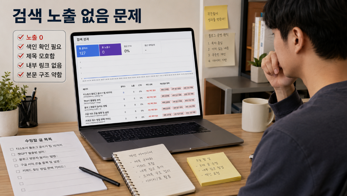 구글 서치 콘솔에서 검색 노출이 없는 티스토리 글을 확인하고 수정 방향을 고민하는 상황 이미지