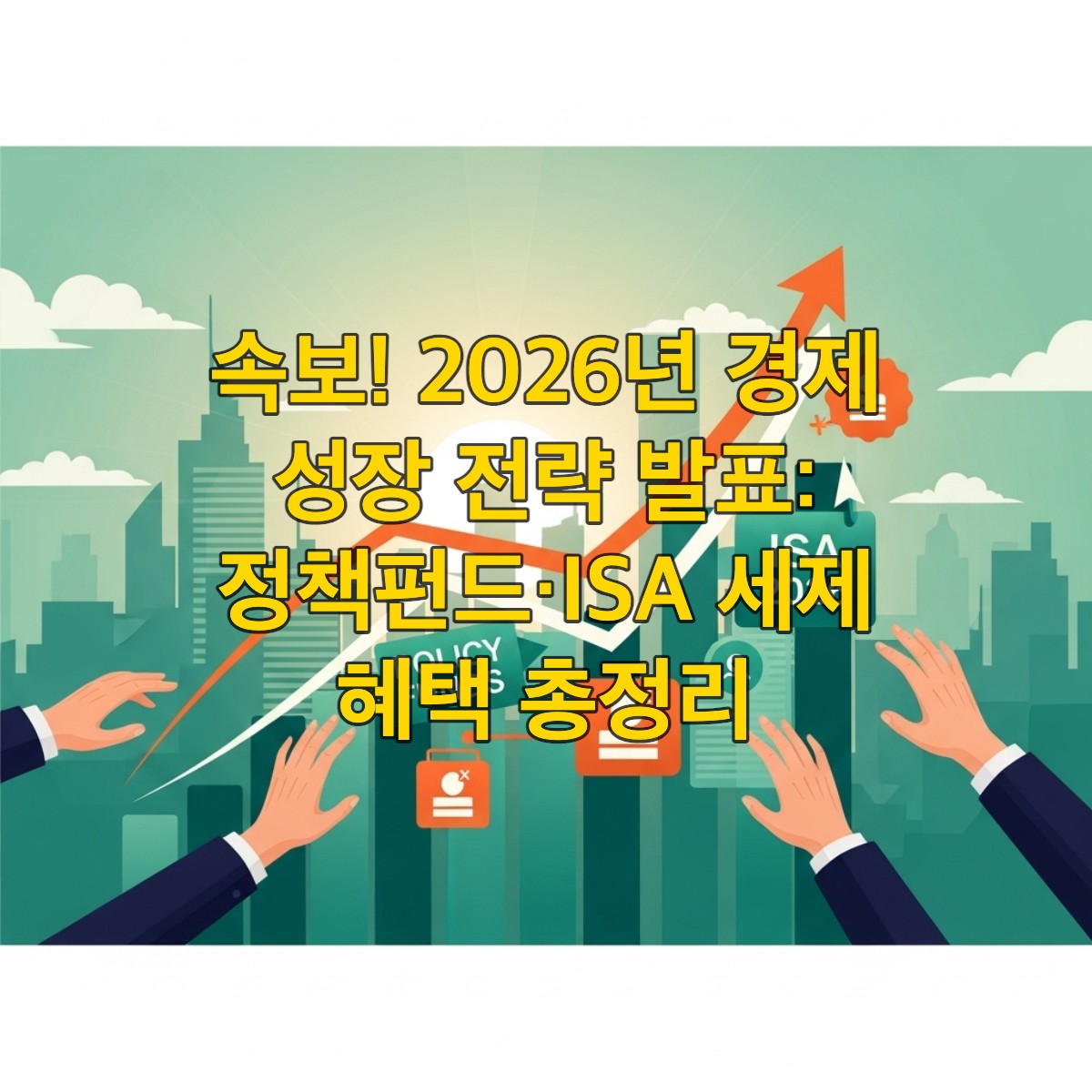 2026년 경제성장전략 발표를 상징하는 활기찬 비즈니스 풍경. 상승 곡선 그래프, 정책펀드와 새로운 ISA 계좌가 강조된 디자인. 투자자들이 그래프를 향해 손을 뻗어 기회를 잡는 모습.