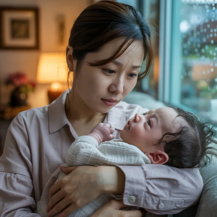 신생아 아토피 증상이 나타나고 있는 아기를 바라보는 엄마