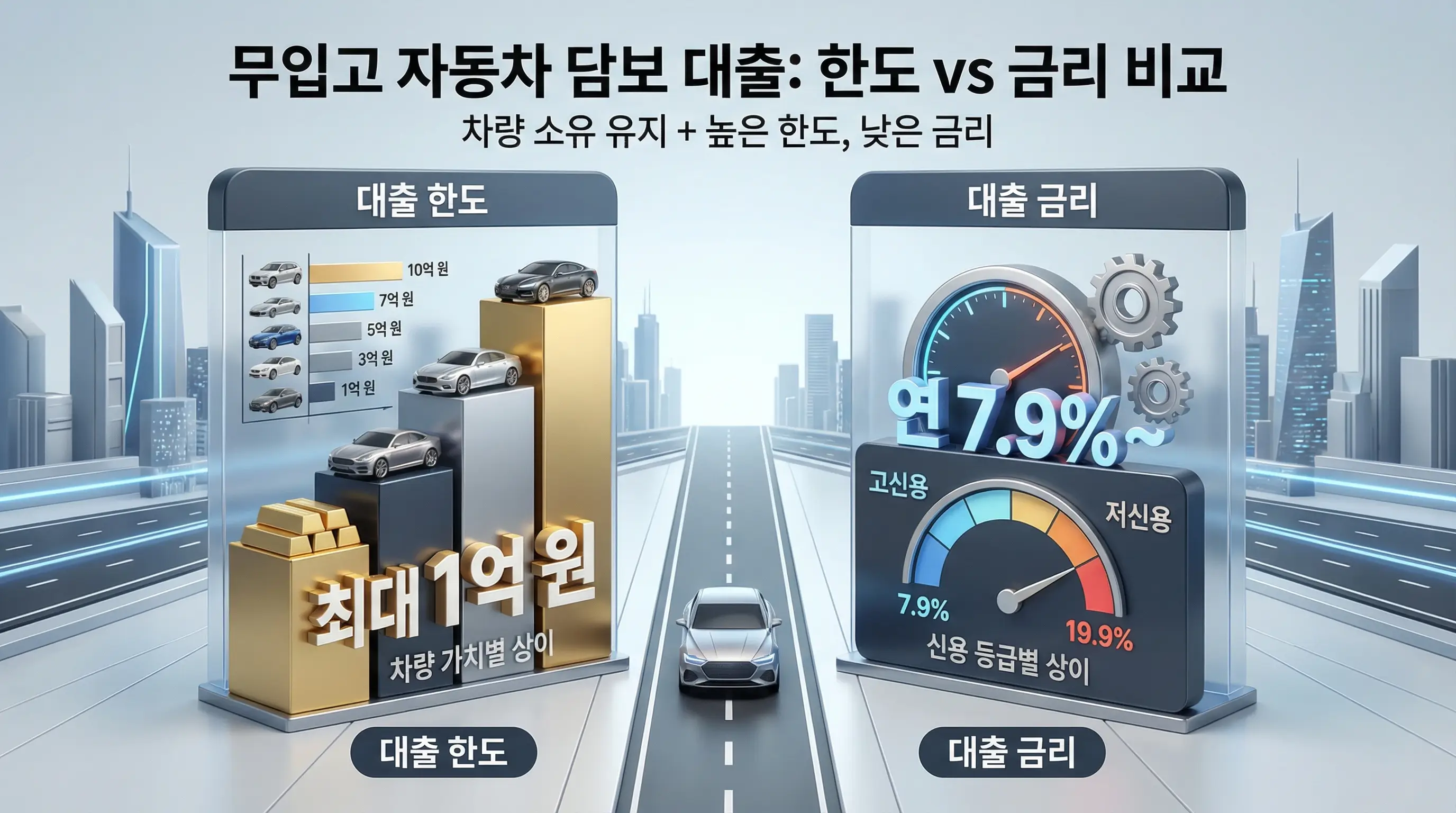 무입고 자동차 담보 대출의 한도와 금리 조건을 시각적으로 비교하는 3D 인포그래픽