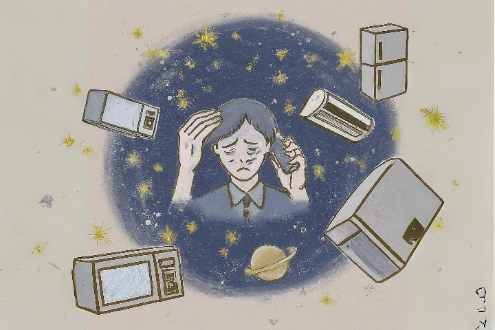남자가-핸드폰을-받으면서-두통을-호소하고-있다-주변에는-냉장고-전자레인지-에어컨이-떠있다