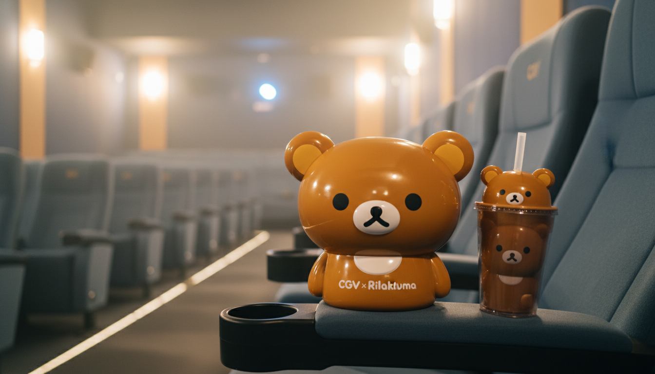 영화관 좌석에 놓여 있는 CGV 리락쿠마 팝콘통과 음료컵 한정판 굿즈 세트
