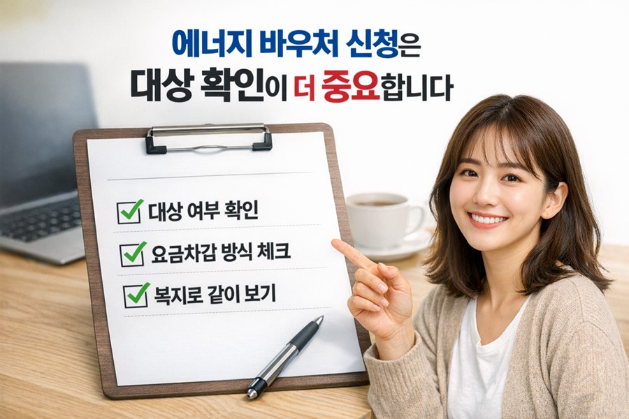 에너지 바우처 신청 전에 대상 여부와 요금차감 방식, 복지로 조회 여부를 함께 점검해야 한다는 점을 보여주는 체크리스트 이미지