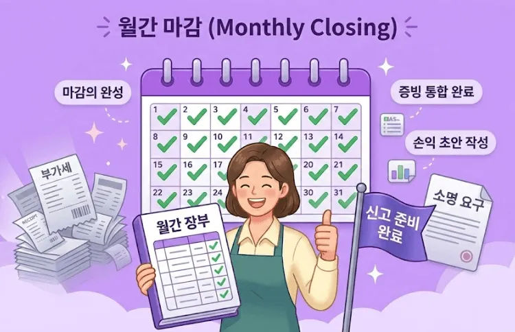 현금거래 많은 업종 장부정리: 매월 마감을 완성하여 세무 신고를 완벽하게 대비한 상태를 시각화한 이미지. 밝은 보라색 배경에 모든 날짜가 체크된 달력과 함께 완벽하게 정리된 장부를 들고 자신만만해하는 사장님 캐릭터, 그리고 '신고 준비 완료' 깃발이 꽂힌 블로그 보조 이미지