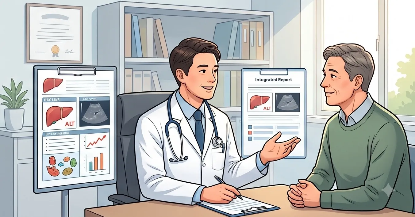 진료실에서 의사가 환자에게 간 수치 결과와 초음파 리포트를 설명하고 있는 모습