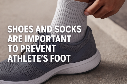 발에 흰 양말을 신는 모습과 통기성 운동화를 강조한 무좀 예방 사진