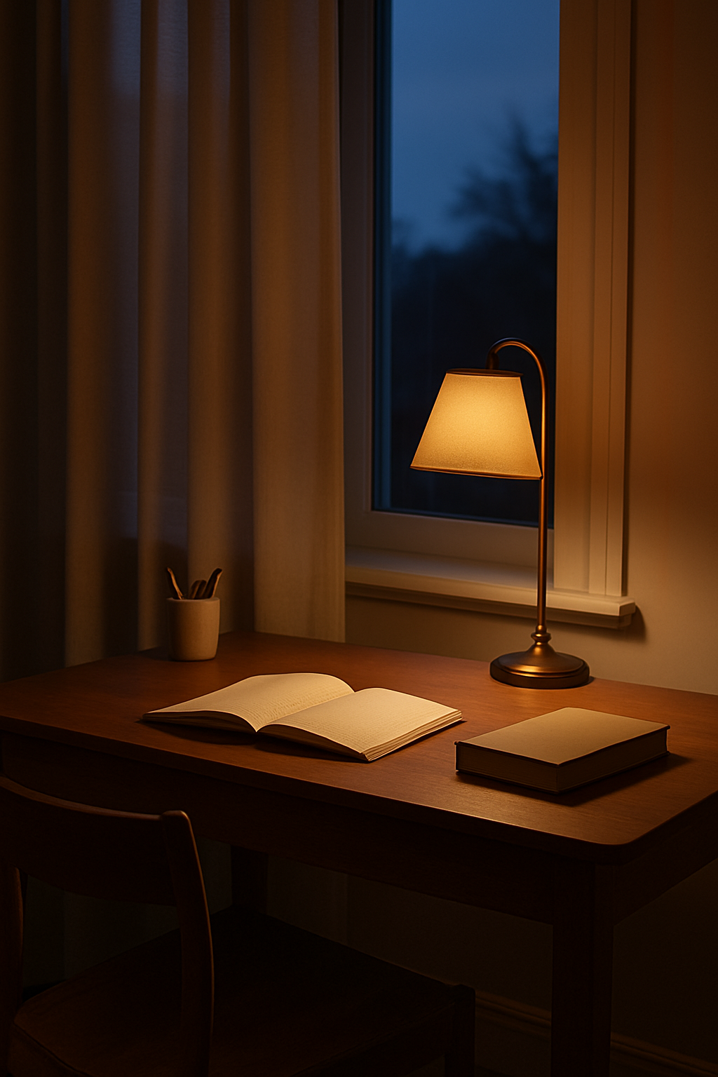 해질녘의 방 안, 작은 스탠드 조명이 켜진 나무 책상 위에 펼쳐진 노트와 책이 놓인 고요한 저녁의 작업 공간