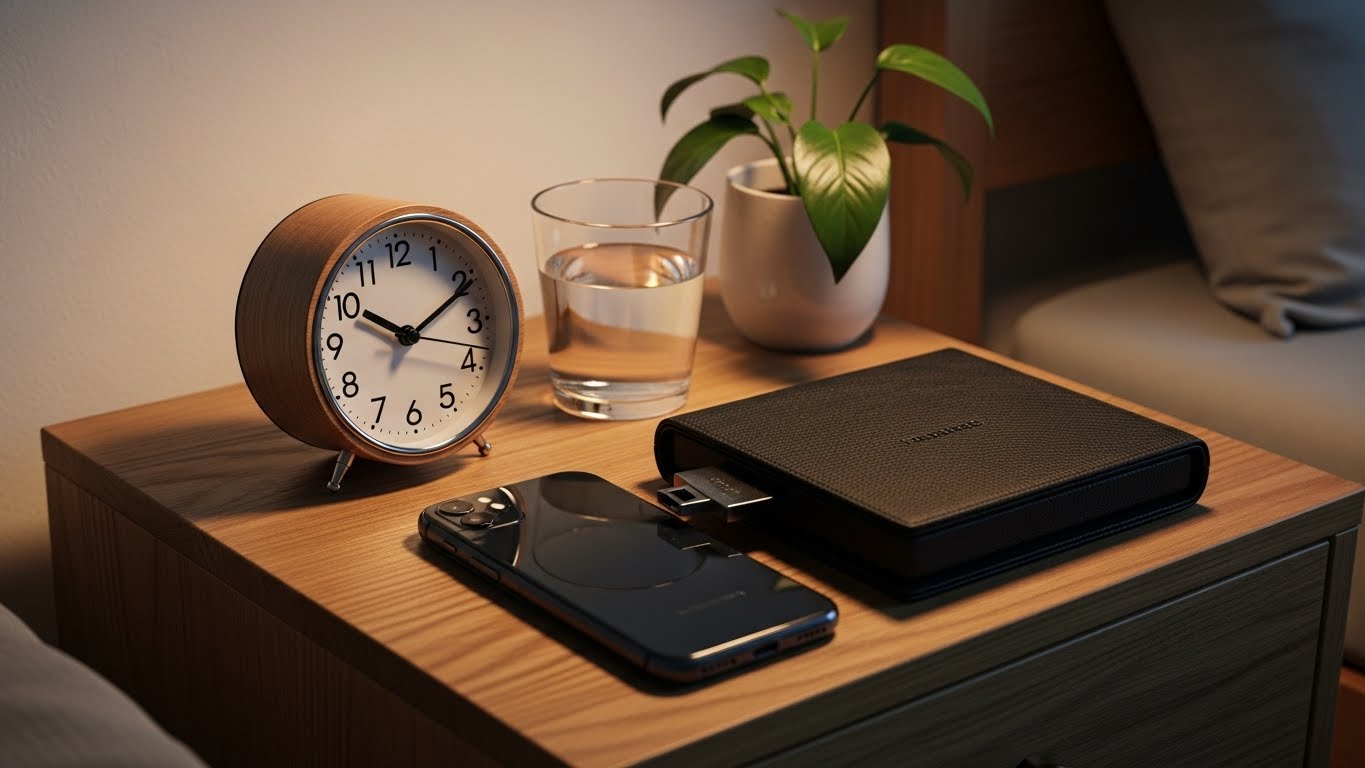 침실에서 스마트폰을 격리하여 숙면과 뇌 정화를 위한 환경을 구축한 모습