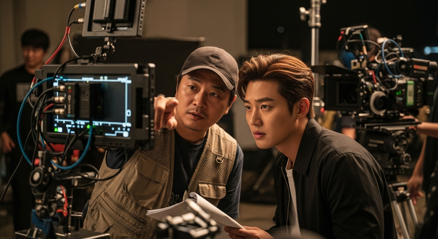 한국 사람의 감독과 배우가 같이 모니터링 하는 모습