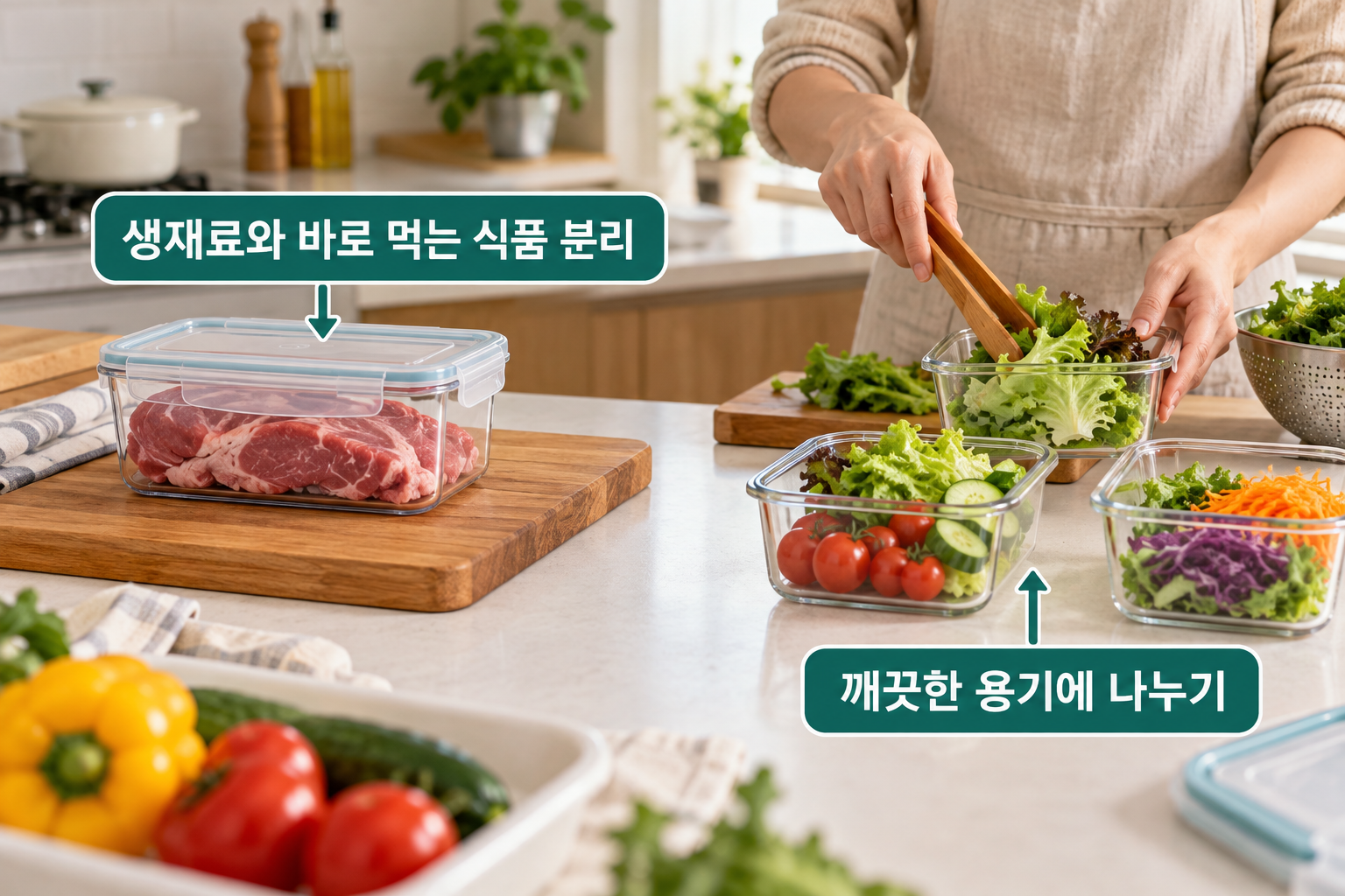 밀봉한 생고기 용기와 채소 소분 작업공간을 분리하고 깨끗한 용기에 나누는 장면