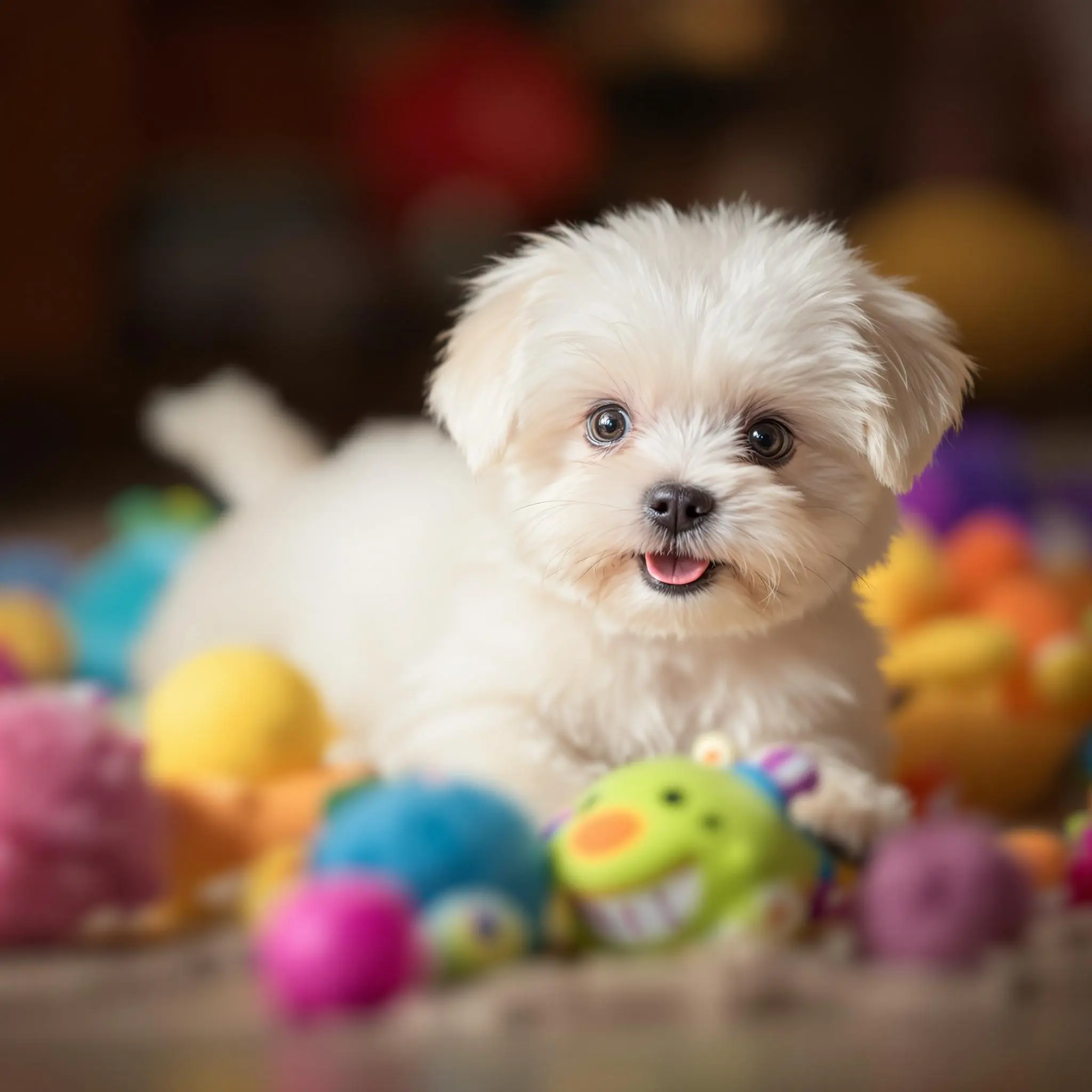 예방접종 완료 후 건강한 말티즈 강아지가 형형색색의 장난감과 함께 행복하게 노는 모습