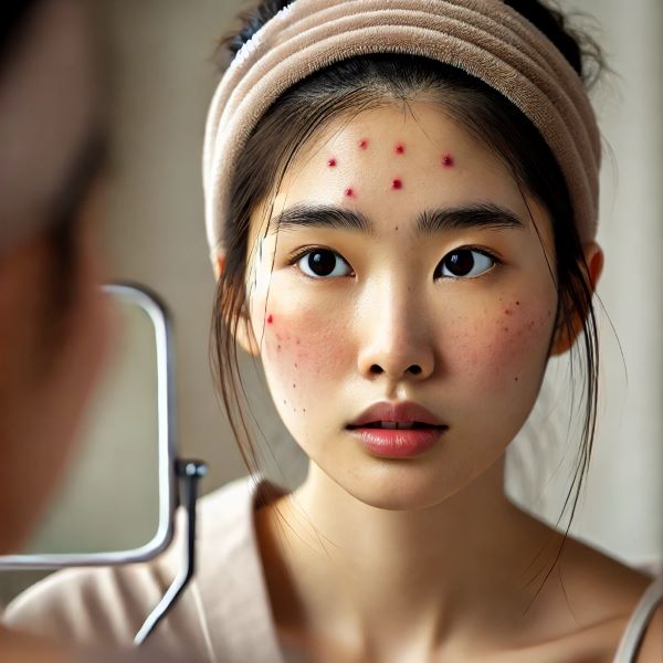 거울 앞에서 걱정스러운 표정으로 피부 트러블을 고민하는 동양 여성