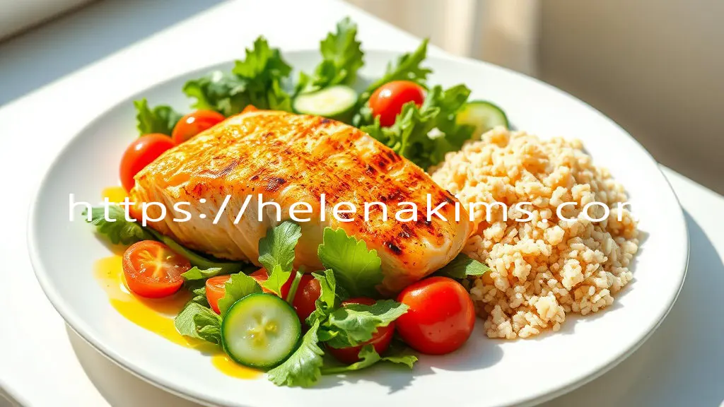 밝고 자연광 아래, 구운 연어, 신선한 채소 샐러드에 엑스트라 버진 올리브 오일 드레싱, 그리고 소량의 현미밥이 조화롭게 차려진 아름다운 한 접시.