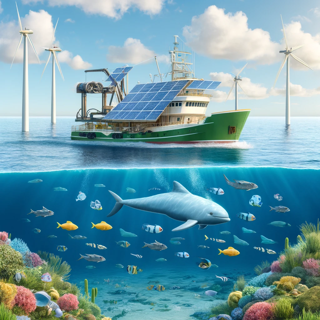 이 이미지는 친환경 어선을 이용한 지속 가능한 어업을 묘사하고 있습니다. 어선은 태양광 패널과 풍력 터빈을 장착하고 있어 친환경적 에너지를 사용하는 현대적이고 효율적인 디자인을 보여줍니다. 선박 아래로는 돌고래와 여러 가지 해양 생물이 건강하게 서식하는 해양 생태계가 표현되어 있으며, 밝은 하늘과 평온한 바다가 미래 지향적이고 혁신적인 분위기를 나타냅니다.