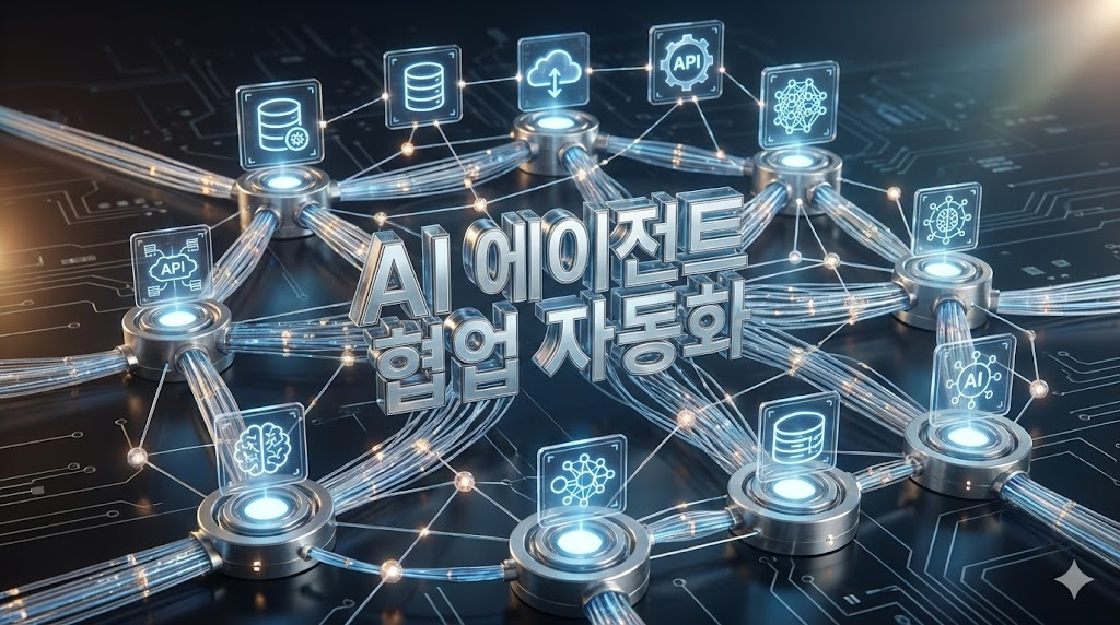 여러 인공지능 에이전트들이 서로 협업하며 업무를 자동화하는 과정을 묘사한 개념도.