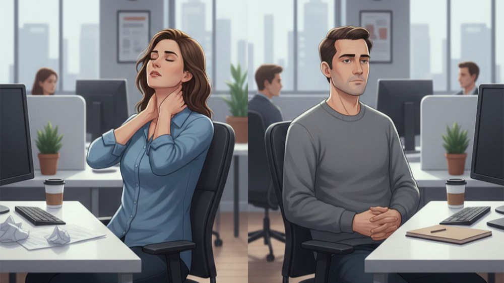 신체적 번아웃과 정신적 번아웃의 차이를 대비해 보여주는 이미지