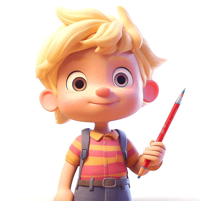 금발머리 남자아이가 기다란 연필을 들고 서 있다.