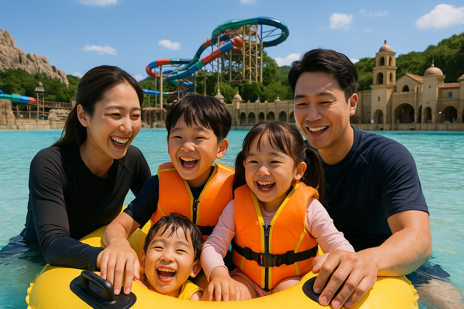 워터파크에서 즐거워 하는 가족