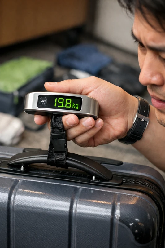 남성 여행자가 손에 든 디지털 수하물 저울로 하드케이스 기내용 캐리어 무게를 재고 있으며, 화면에는 19.8kg이 표시된 모습