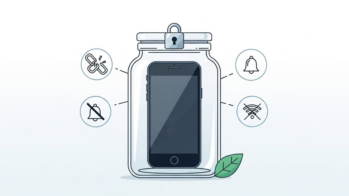 특정 시간 동안 스마트폰 사용을 제한하여 도파민 단식을 실천하는 방법을 상징하는 그래픽