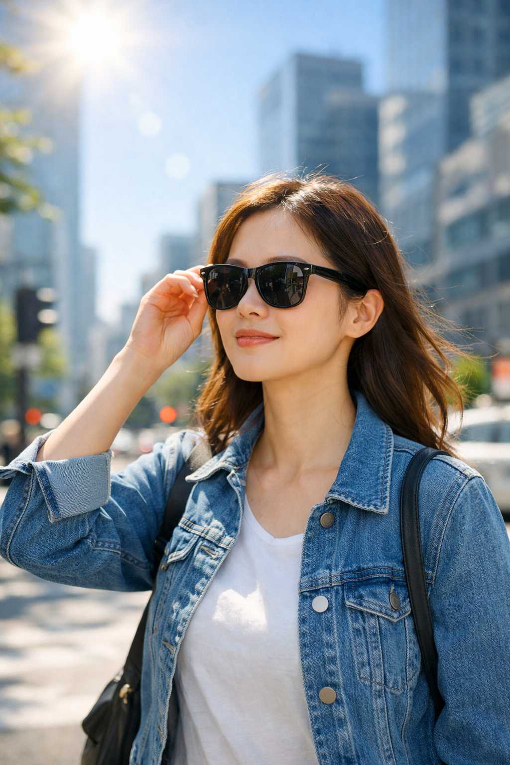 태양이 강한 한 낮에 눈을 보호하기 위해 선글라스를 착용하고 야외 활동을 하는 여성의 모습