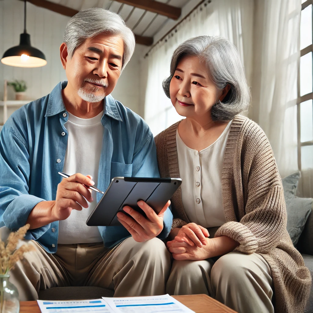 집에서 태블릿으로 연금 혜택을 검토하는 한국의 노부부