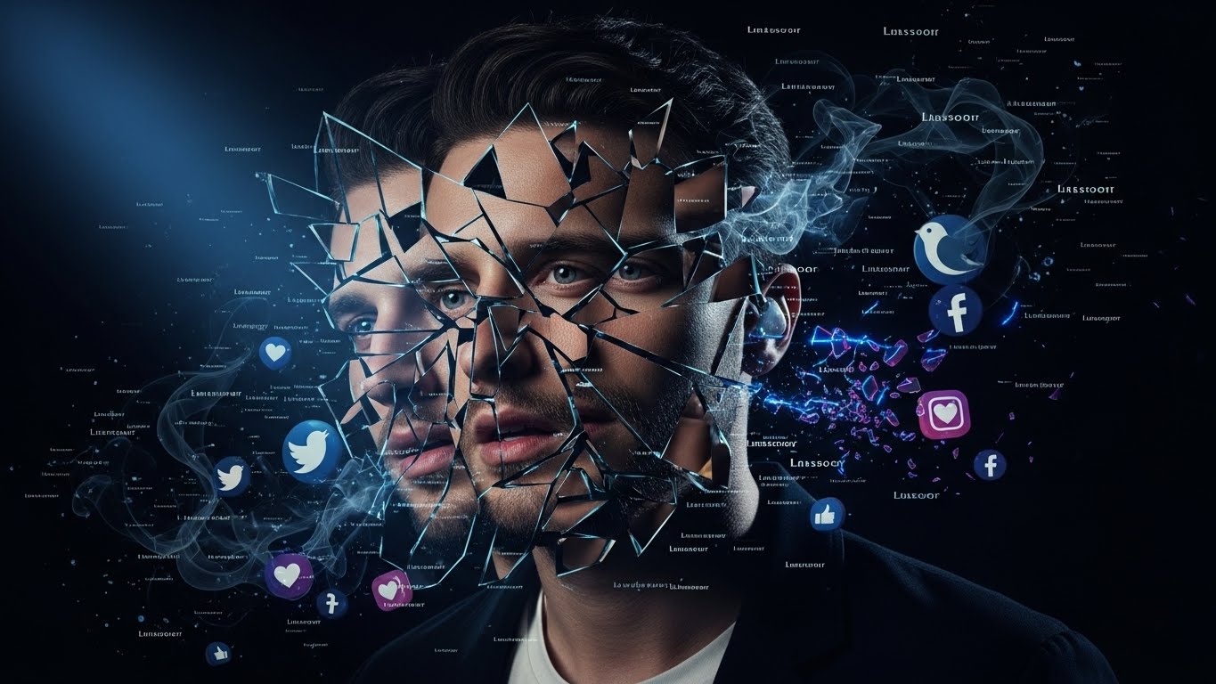 MC몽 불륜설로 인한 이미지 타격을 상징하는, 왜곡되고 파편화된 얼굴 이미지와 싸늘한 대중의 시선.