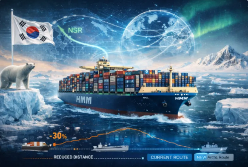 HMM 초대형 컨테이너선과 북극 항로를 통한 글로벌 해상 물류 개념 이미지