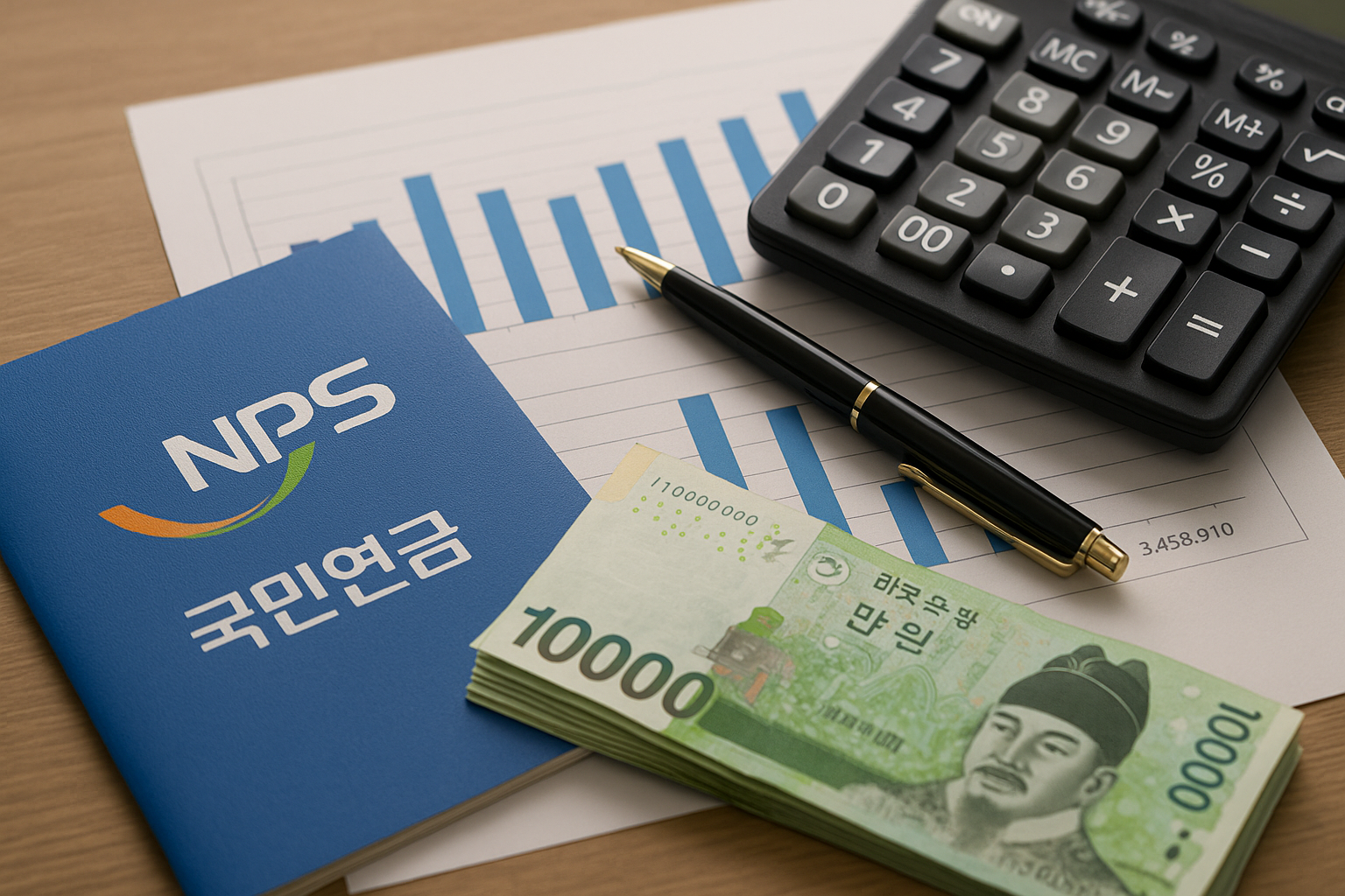 국민연금을 연상하는 NPS, 돈, 계산기, 그래프, 펜이 책상에 놓여져있는 그림
