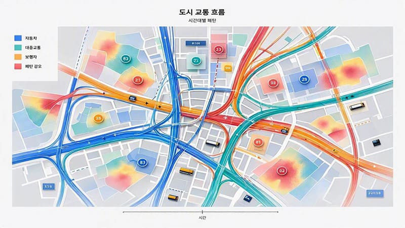 <img src="data-visualization.jpg" alt="도시의 교통 흐름과 보이지 않는 패턴을 데이터 시각화 그래픽으로 표현한 모습">