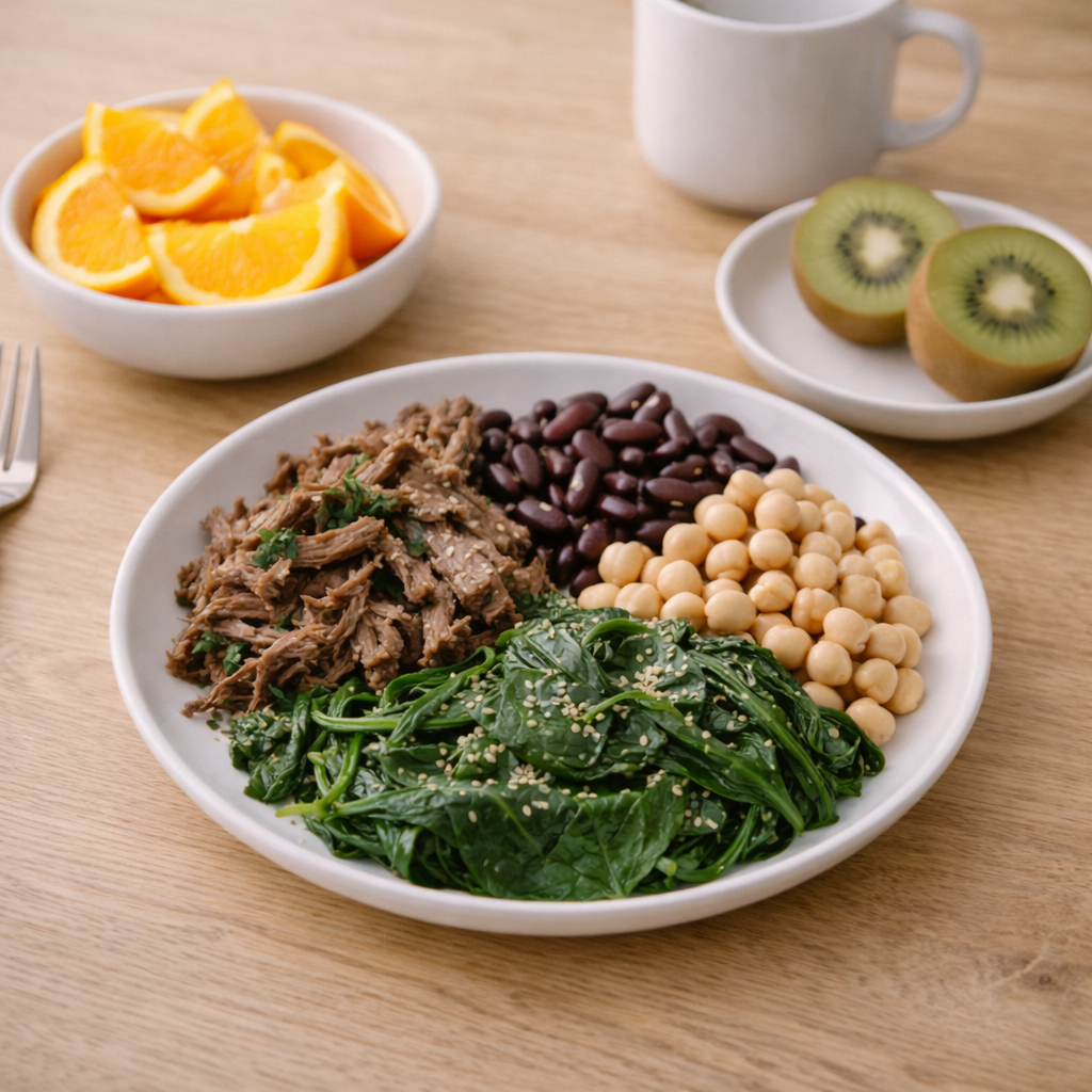 철분 식사에 과일을 곁들여 비타민 C와 함께 섭취하는 장면