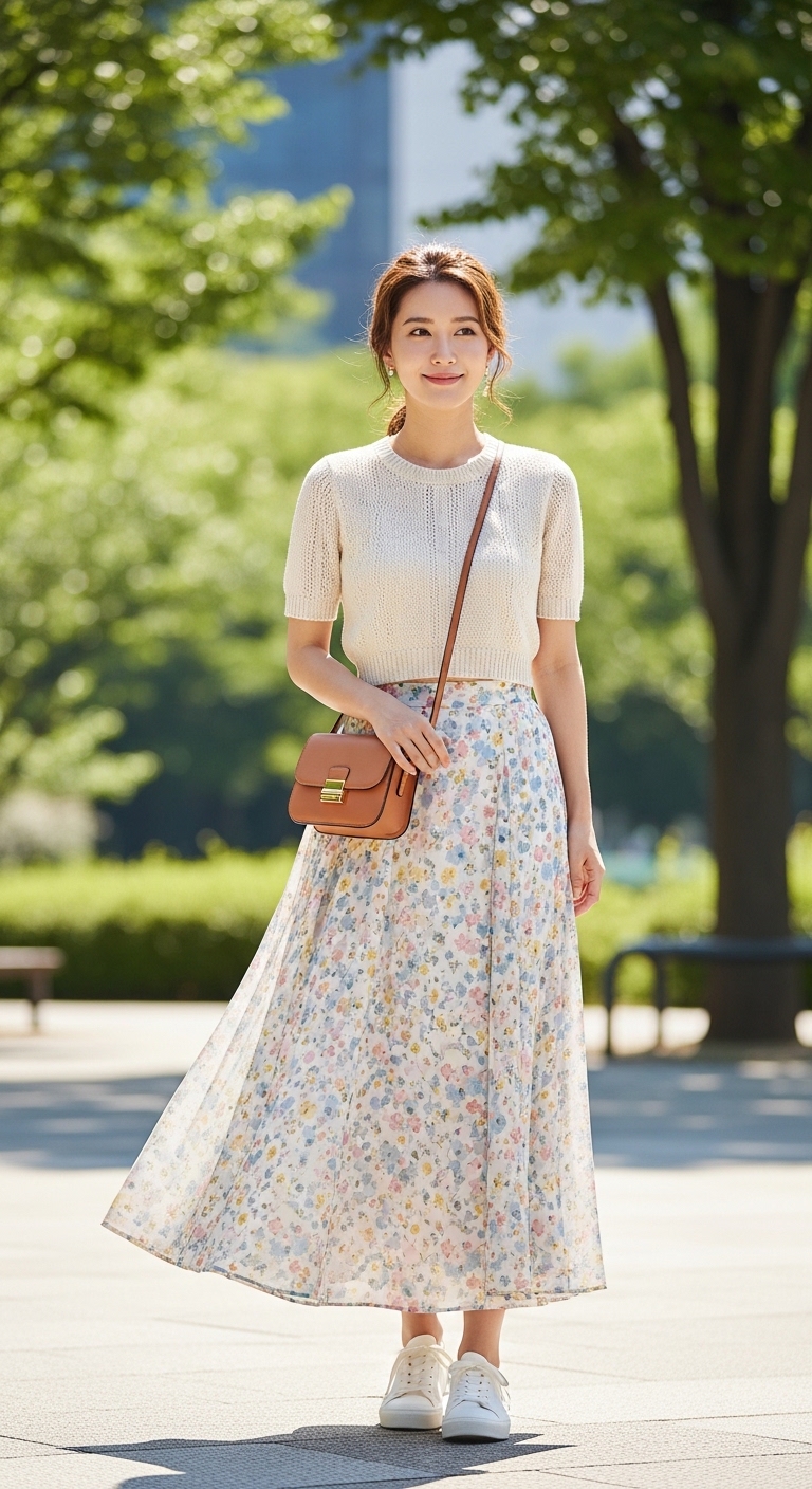 크롭 티셔츠와 롱스커트를 매치해 편안하면서도 여성스러운 룩