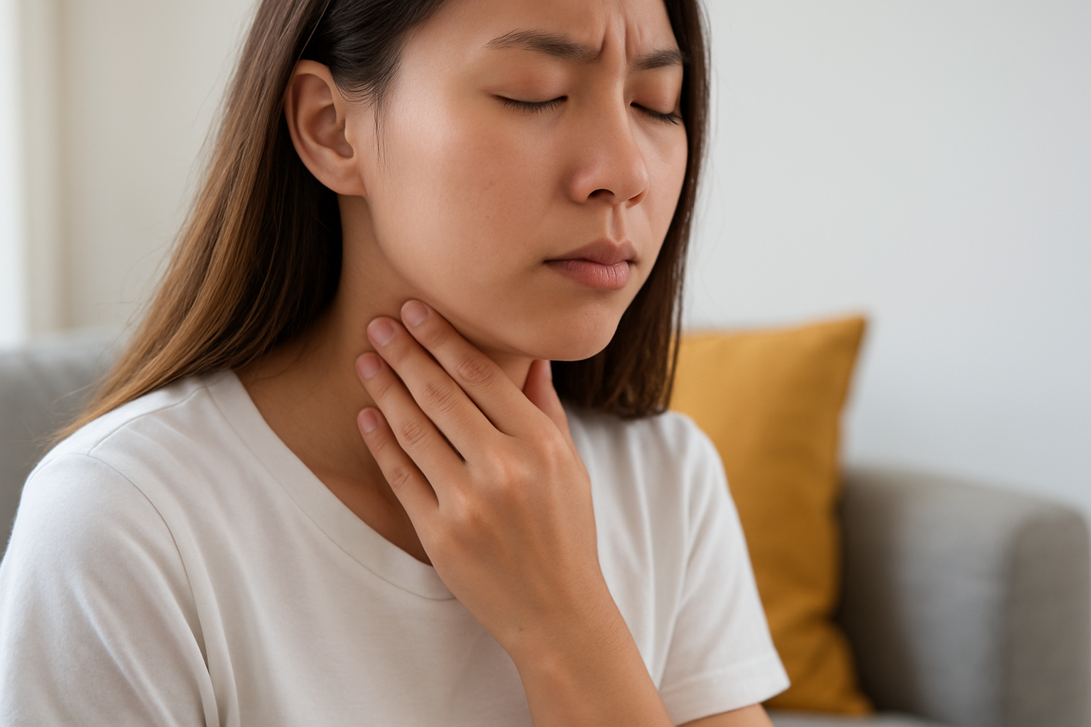 목 틍증 느끼는 여성 사진