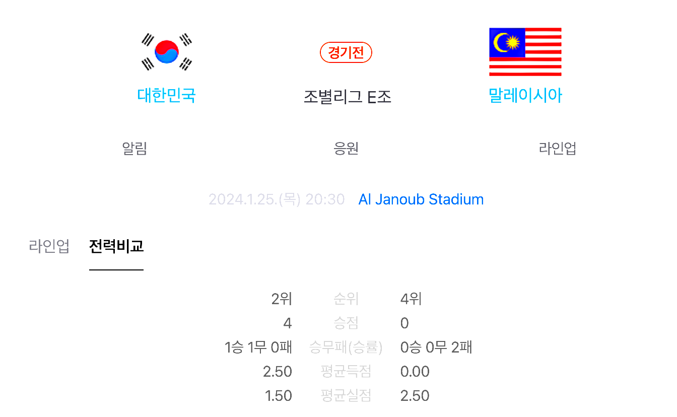 대한민국 말레이시아 경기 일정