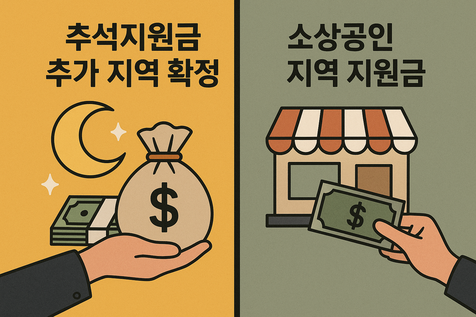 추석 지원금 봉투와 소상공인 가게 이미지가 함께 구성된 정보형 카드 이미지.