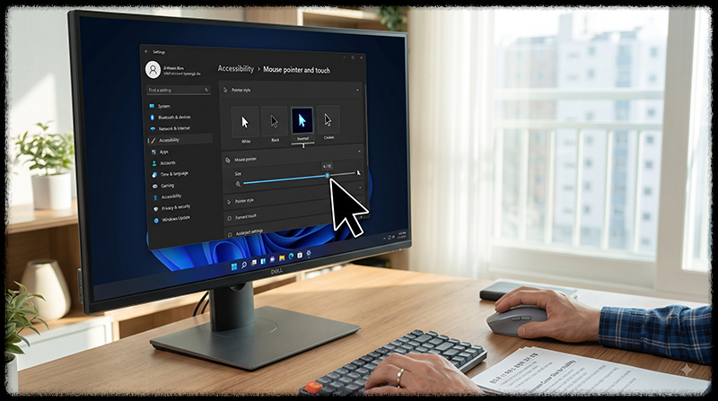 Windows 11 접근성 설정에서 마우스 포인터 크기를 크게 조절하는 모습