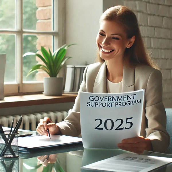 정부 지원사업 자료를 확인하며 긍정적인 표정을 짓는 비즈니스 인물, 밝고 현대적인 작업 공간