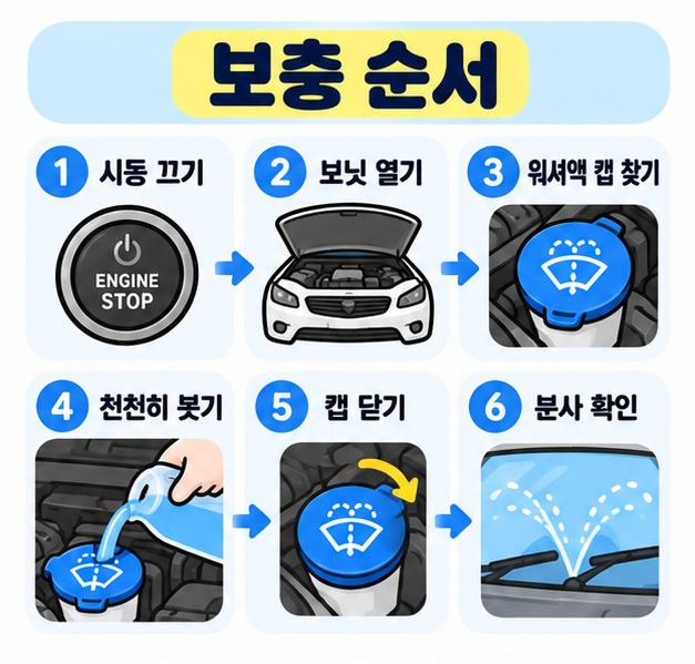 시동 끄기, 보닛 열기, 워셔액 캡 찾기, 천천히 보충하기, 캡 닫기, 분사 확인 순서를 정리한 카드