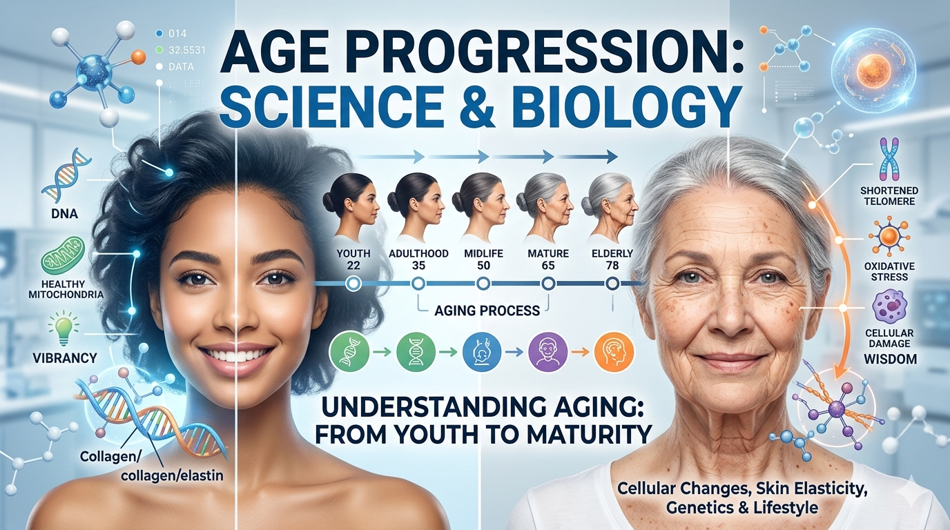 A visual showing the transition from a young face to an aged face