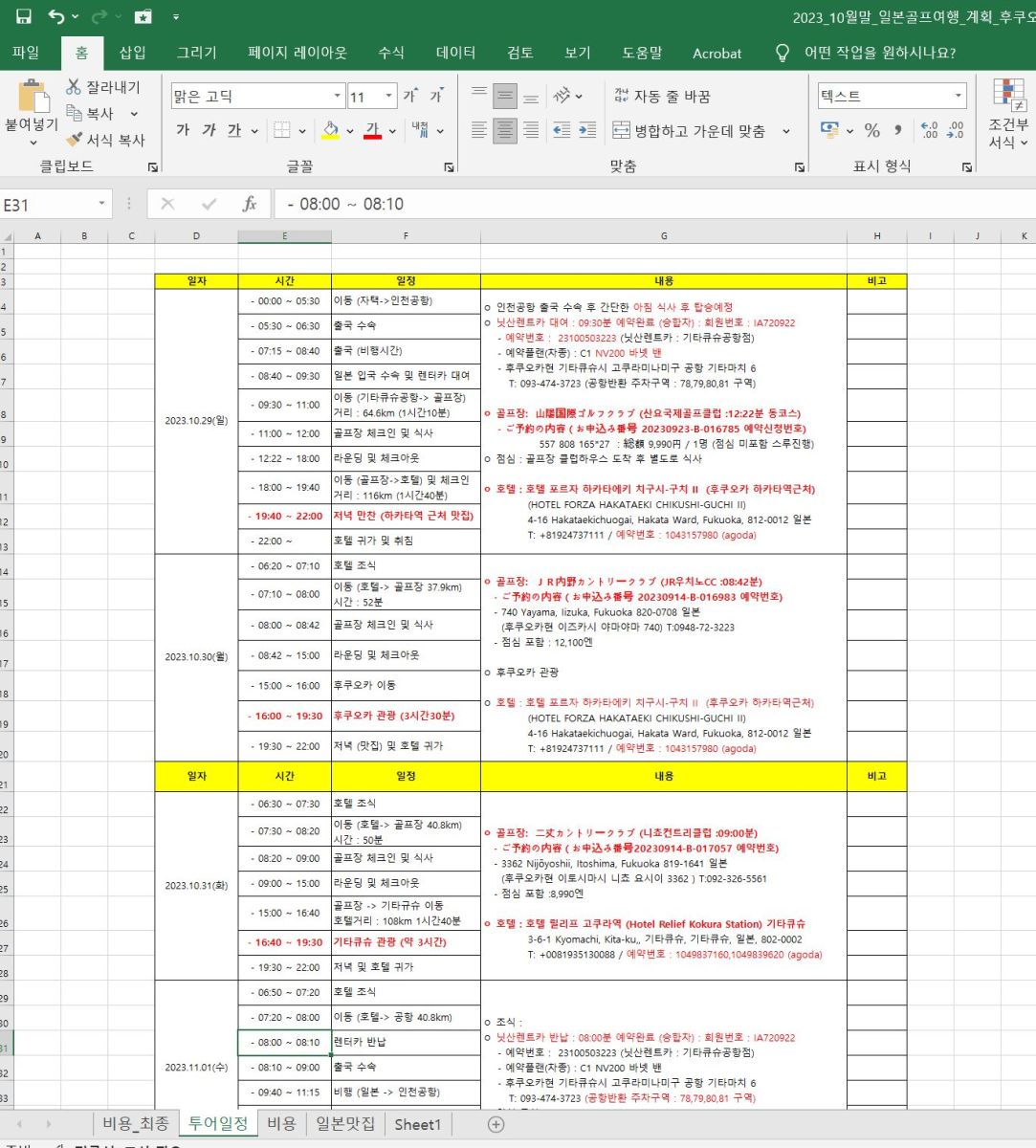 후쿠오카 골프여행 3박4일 시간대별 일정표