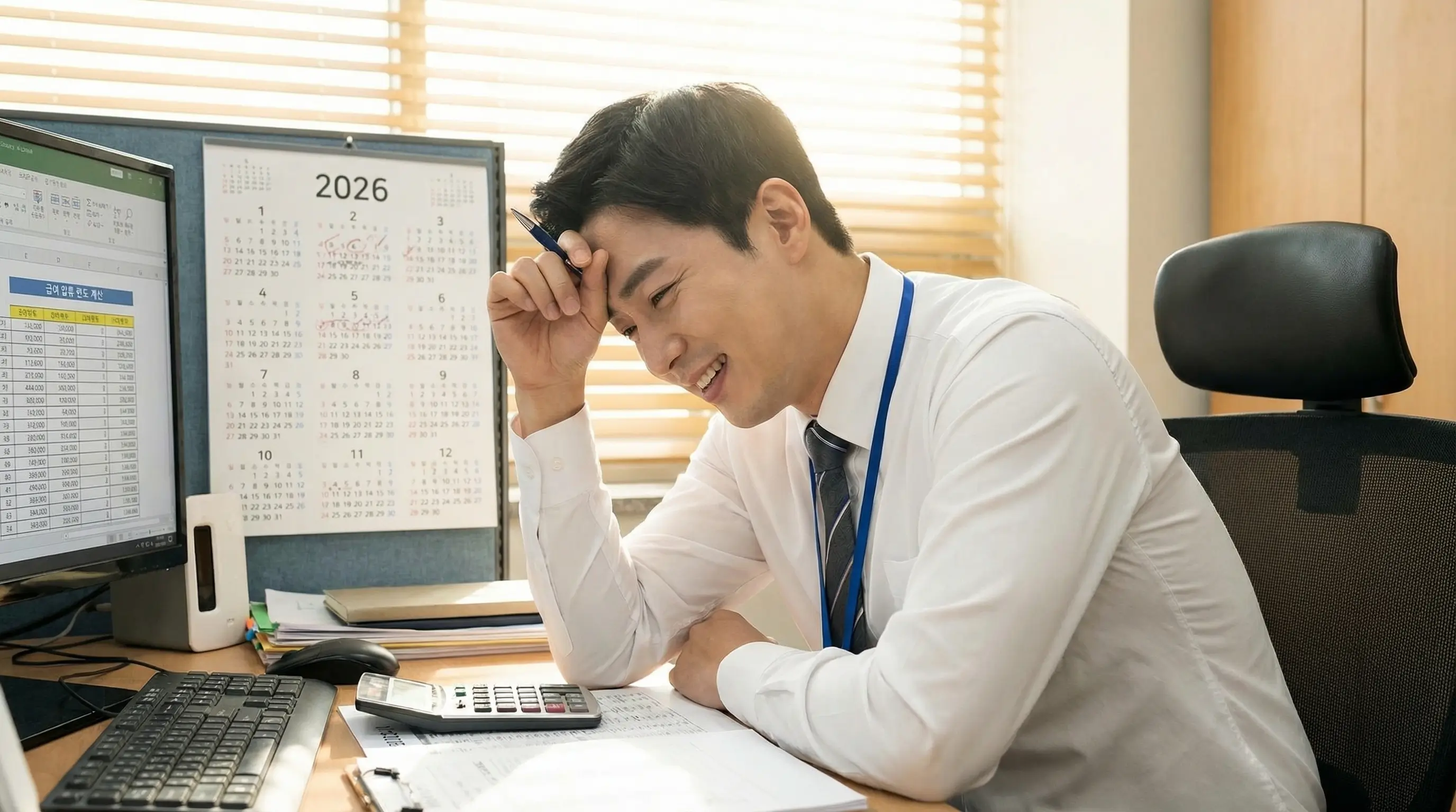 2026년 달력과 계산기를 두드리며 급여 압류 한도를 계산하고 안도하는 직장인의 모습
