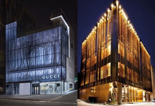 2장의사진-왼쪽-다크블루연출한-용산구찌매장-오른쪽-밝은황금색조명연출한-청담구찌매장