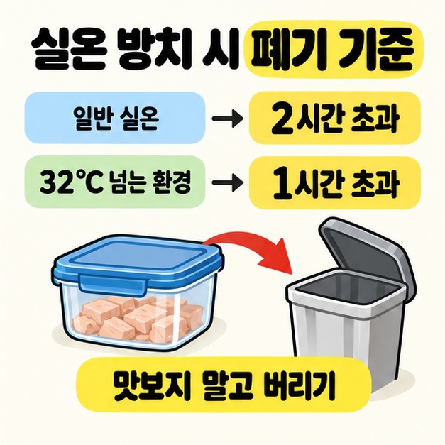 개봉한 참치의 실온 방치 폐기 기준으로 일반 실온 2시간 초과와 32&deg;C 넘는 환경 1시간 초과를 비교하고 맛보지 말고 버리도록 안내한 그림