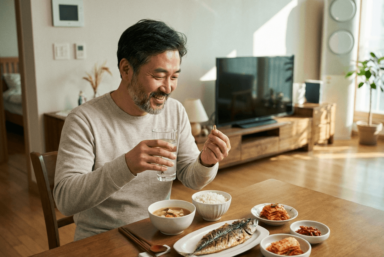 식사와 함께 비타민D 캡슐을 복용하는 40대 한국 남성의 모습
