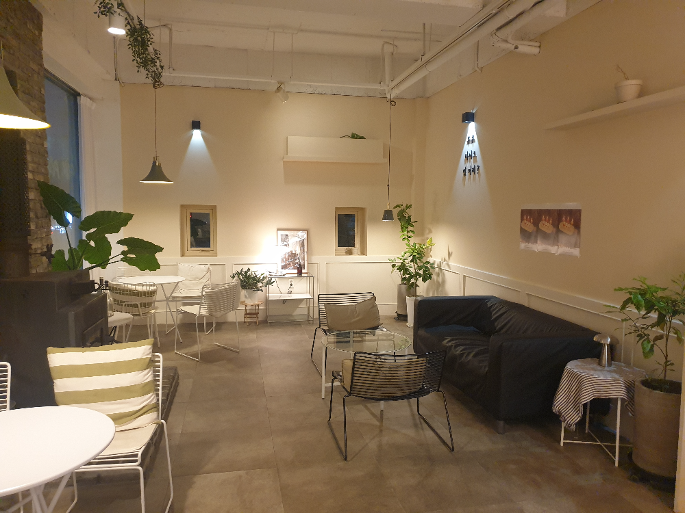 넓은 공간 벽면의 핀 조명과 식물이 분위기를 다르게 만든다.