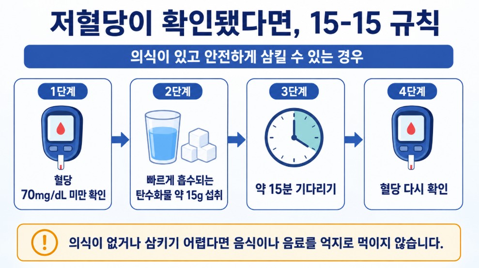 의식이 있고 삼킬 수 있는 당뇨병 환자에서 저혈당이 확인됐을 때 활용하는 15-15 규칙