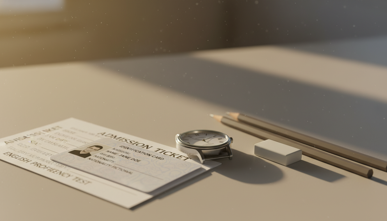 책상 위에 놓인 토익 수험표, 신분증, 4B 연필 두 자루, 지우개, 9시 15분을 가리키는 아날로그 시계