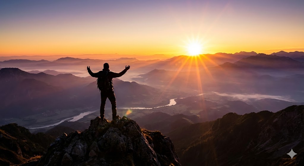 산 정상에서 지평선을 바라보며 승리의 포즈를 취하는 투자자의 실루엣