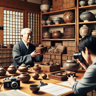 전통 수집품을 조사 중인 연구자와 이를 소개하는 어르신
