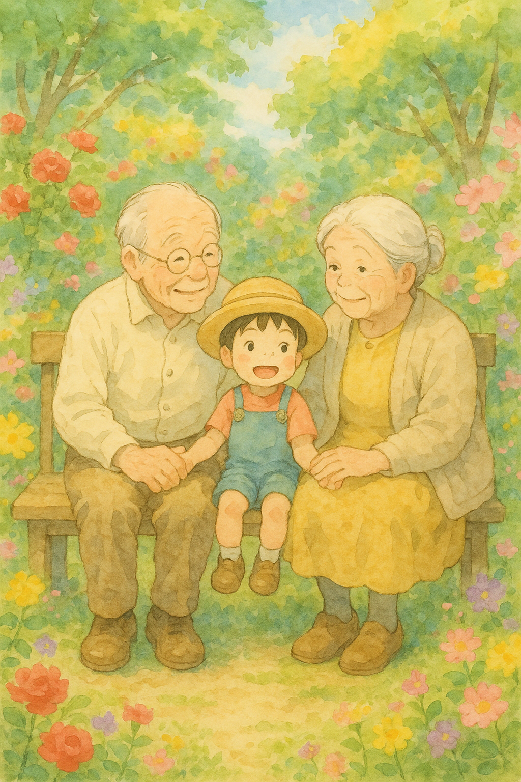 꽃 피는 정원에서 손주와 함께 앉아 있는 노부부 모습을 지브리 수채화 느낌으로 만들어줘